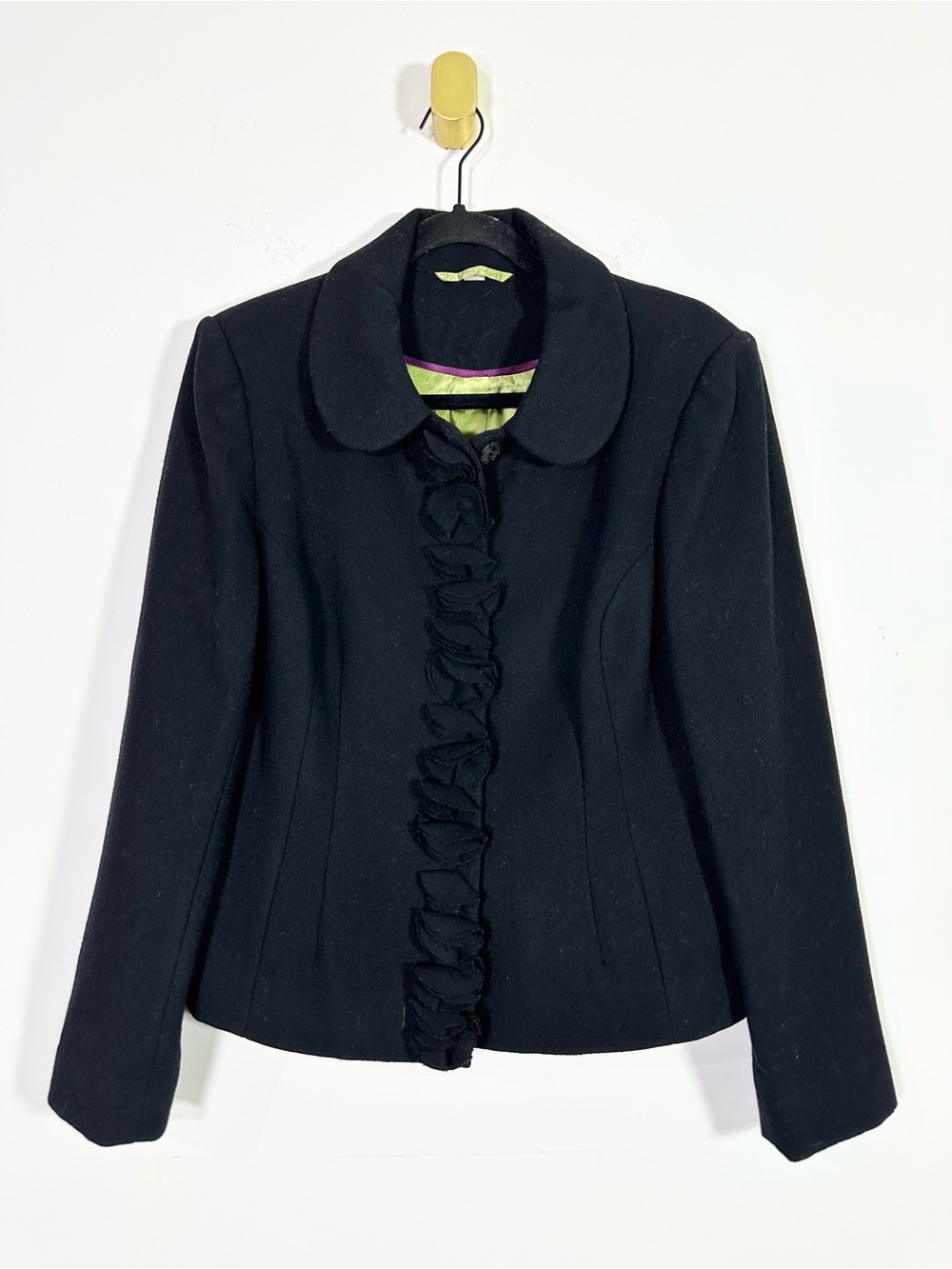 Boden Black Ruffle Front Wool Blend Snap Button Outerwear Jacket